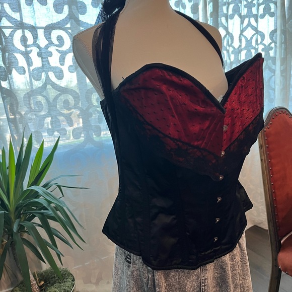 Size 38 Corset story red and black burlesque steel corset with halter top - Picture 7 of 15